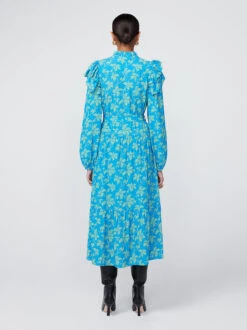 Aster Blue Vintage Leaf Print Shirt Dress -New Modern Dress Sales aster blue vintage leaf print shirred dress by kitri studio 41885325459756