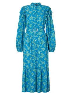 Aster Blue Vintage Leaf Print Shirt Dress -New Modern Dress Sales aster blue vintage leaf print shirred dress by kitri studio 41885326704940