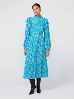 Aster Blue Vintage Leaf Print Shirt Dress -New Modern Dress Sales aster blue vintage leaf print shirt dress by kitri studio 42055193231660