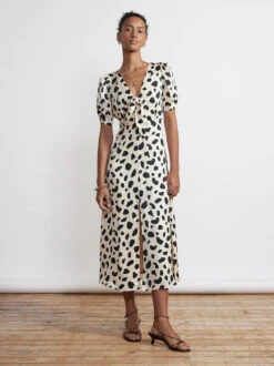 Bell Tie Front Animal Spot Midi Dress