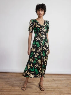 Bell Tie Front Black Cutout Floral Midi Dress