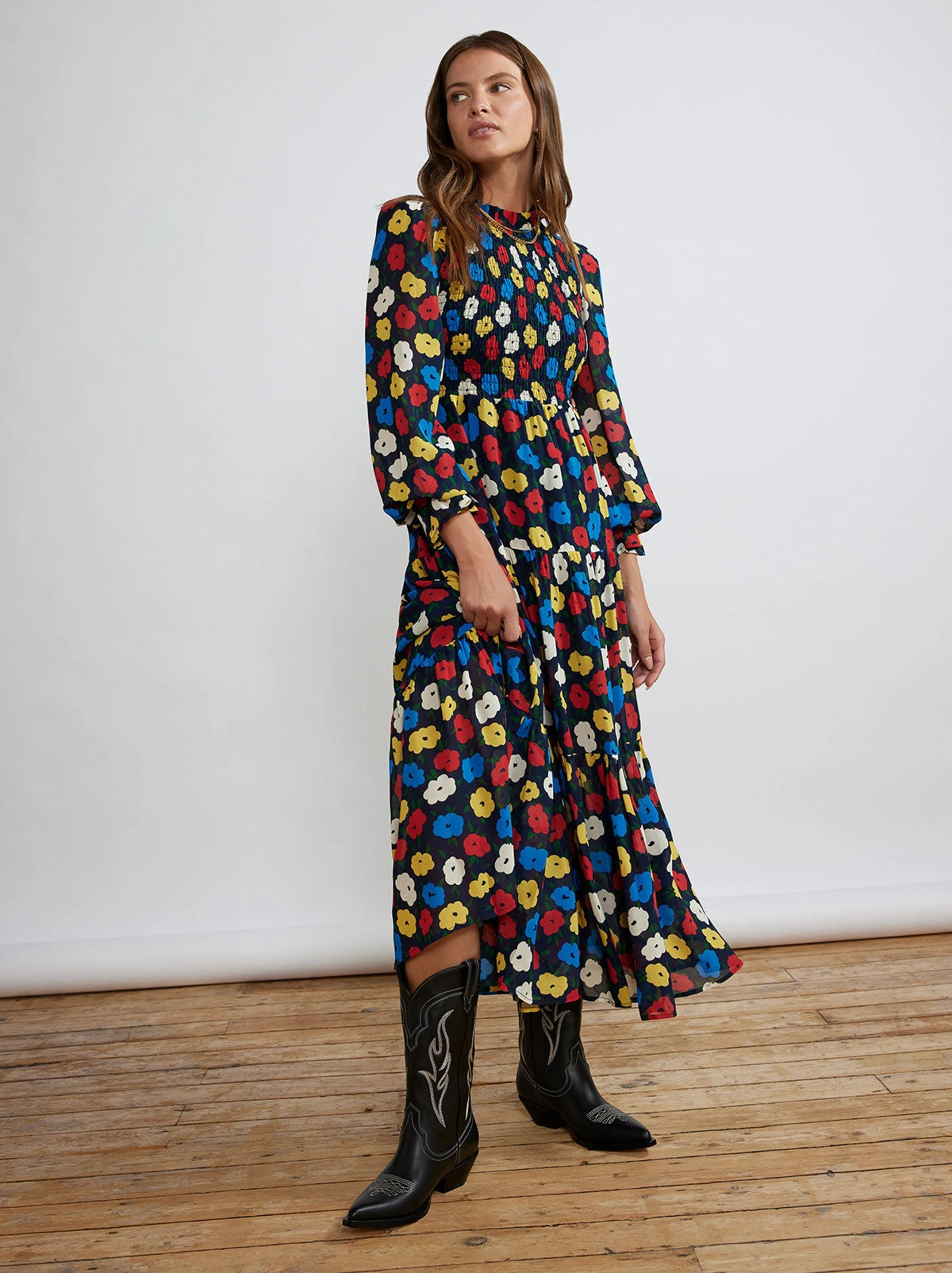 Betsy Navy Floral Shirred Maxi Dress 1 Betsy Navy Floral Shirred Maxi Dress