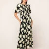 Bridget Black Vine Leaf Shirred Maxi Dress