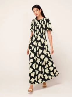Bridget Black Vine Leaf Shirred Maxi Dress -New Modern Dress Sales bridget black vine leaf shirred maxi dress by kitri studio 44021976596780