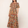 Bridget Blue Impressionist Floral Print Shirred Dress