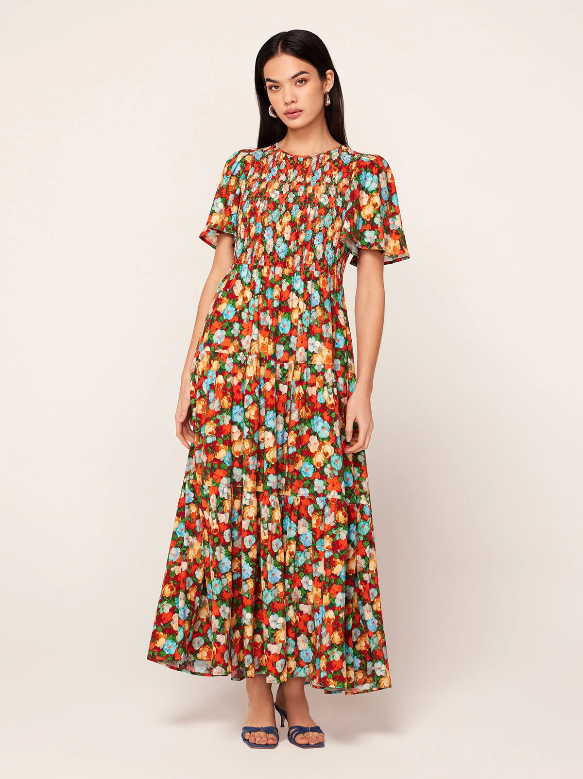 Bridget Blue Impressionist Floral Print Shirred Dress 1 Bridget Blue Impressionist Floral Print Shirred Dress