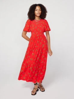 Bridget Red Rosebud Shirred Maxi Dress