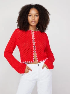 Carmel Red Pointelle Knit Cardigan
