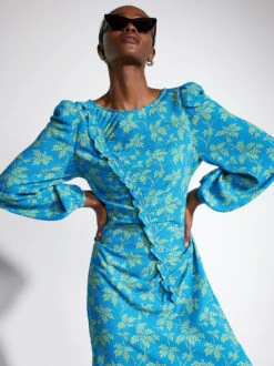 Dorothy Blue Vintage Leaf Print Dress -New Modern Dress Sales dorothy blue vintage leaf print shirred dress by kitri studio 41885462233388