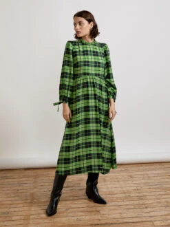 Elsa Frill Neck Green Check Midi Dress
