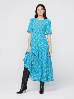 Gracie Blue Vintage Leaf Print Shirred Dress