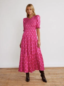 Gracie Pink Heart Print Shirred Dress -New Modern Dress Sales gracie pink heart print shirred dress by kitri studio 29471490179123