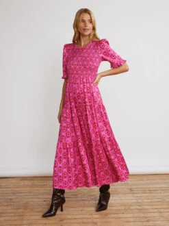 Gracie Pink Heart Print Shirred Dress