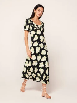 Hilda Black Vine Leaf Midi Dress