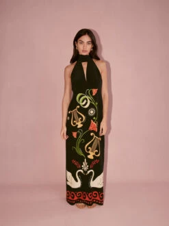 Jacquetta Black Cygnus And Lyra Print Halterneck Maxi Dress