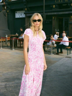 Jemima Pink Pansy Print Shirred Maxi Dress -New Modern Dress Sales jemima pink pansy print shirred maxi dress by kitri studio 44600605475116