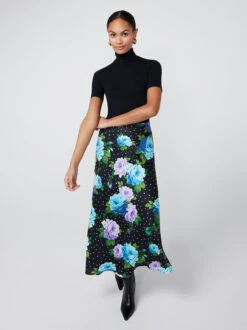 Layla Blue Painted Rose Midi Skirt