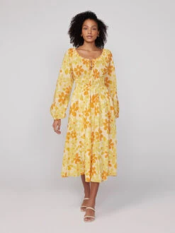 Luella Yellow Floral Print Midi Dress