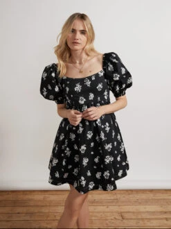 Olga Tie Back Black Mono Floral Mini Dress