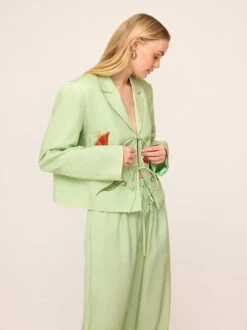 Cressida Pistachio Embroidered Tie Front Blazer -New Modern Dress Sales pre order cressida pistachio embroidered tie front blazer by kitri studio 45733772656940