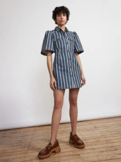 Shania Blue Stripe Cotton Canvas Mini Dress