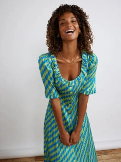 Violette Green Wavy Tile Tea Dress -New Modern Dress Sales violette green wavy tile tea dress by kitri studio 40260850024748