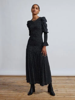 Wren Black Polka Dot Shirred Midi Dress -New Modern Dress Sales wren black polka dot shirred dress by kitri studio 29138616844339